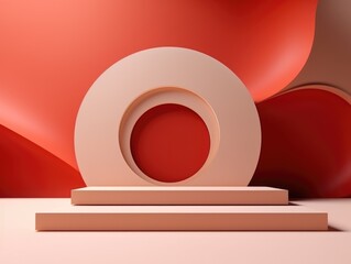 Wall Mural - A red and white sculpture with a circular hole in the middle. The sculpture is placed on a pink platform