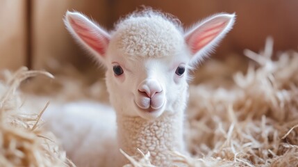 Curious White Alpaca Calf Indoors on Farm