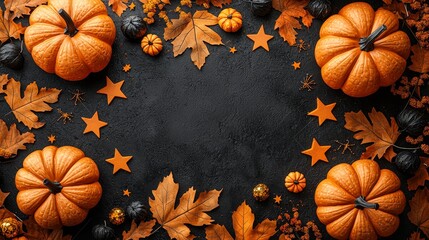 Wall Mural - An autumn decoration mock up with pumpkins, leaves, and spiderweb on a dark background. This mockup shows the top view with space for copy.