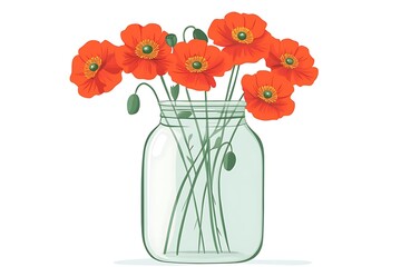 Wall Mural - Vibrant Poppy Flowers in Mason Jar Vector Illustration on White Background - Flat Design Clipart with Bright Colors and Simple Style