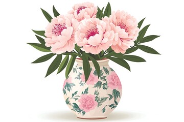 Wall Mural - Vibrant Blooming Peonies in Hand-Painted Ceramic Vase Vector Illustration on White Background