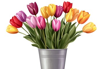 Wall Mural - Vibrant Tulips in Metal Vase - Colorful Vector Illustration on White Background in Flat Design Style