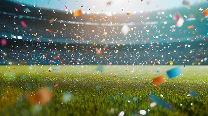 Wall Mural - Football stadium background with flying confetti