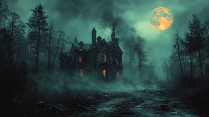 Poster - On Halloween night, a wooden haunted house sits in a spooky town beneath a moonlit sky