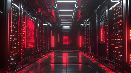 Futuristic sci fi server room with glowing red lights