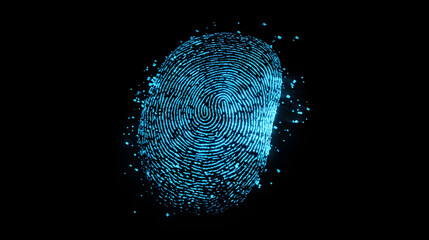 Wall Mural - Generative AI image of digital finger print scan in blue glowing lights for forensic data and personal identification on black background while useful in biometrics