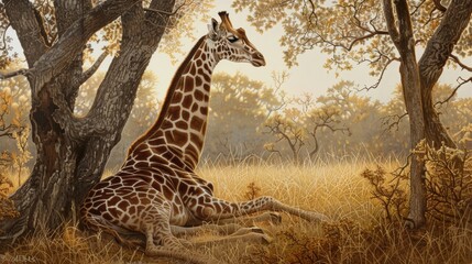 a giraffe in a field of tall grass, surrounded by trees in the background