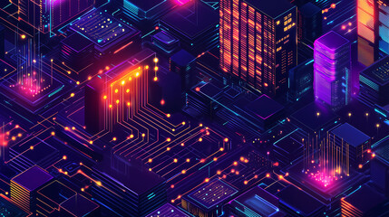 vibrant digital illustration depicting an isometric view of a circuit board with glowing neon lights, representing the futuristic and high tech nature of data science in urban environments