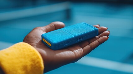 Closeup of a Blue Device Held in a Hand