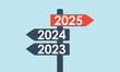 © MasterSergeant - road arrow sign with red 2025 and grey 2023 2024 directions, business strategy or success way concept, move forward vector infographics