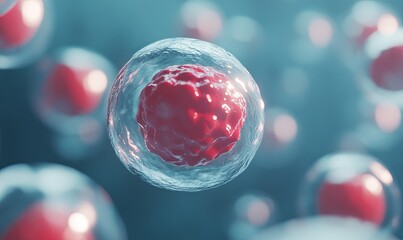 A close-up of a red cell inside a transparent cell membrane. The cell is surrounded by other cells.