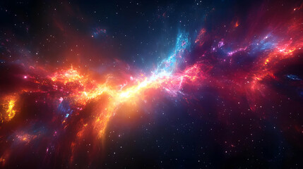 Wall Mural - A colorful nebula with red, orange, pink, and blue hues, surrounded by a dark starry sky.
