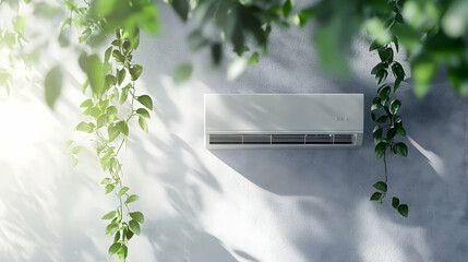 hanging air conditioner on the wall with green leaves, the concept of natural freshness and coolness.