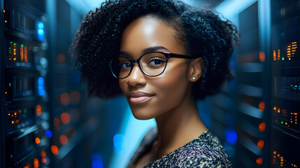 Poster - A confident woman with glasses standing in a server room, looking directly at the camera.