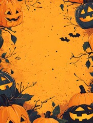 Halloween-themed background featuring jack-o'-lanterns, bats, and dark branches on an orange backdrop, ideal for seasonal designs or invitations.