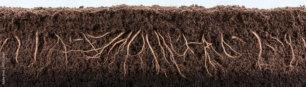 Cross-section of soil revealing plant roots, organic agriculture ...
