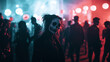 © Maksym - A spooky Halloween party scene with people in costumes, dim lighting, and eerie decorations.