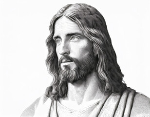 Wall Mural - Black and White Portrait of Jesus A Headshot Illustration