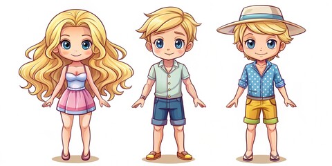 two children in a white shirt. Cartoon, couple in summer outfit, hair, full body view on white backgraund. group of people. group of children. 3D illustration 