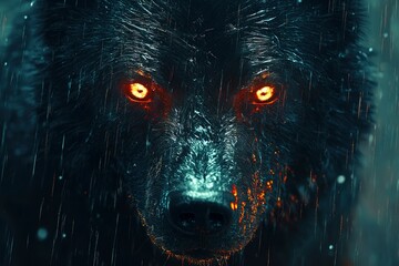 Sticker - Close-up of a Black Wolf with Fiery Eyes in the Rain