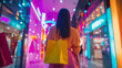 © Mirjana - A woman explores a vibrant shopping mall adorned with colorful neon lights while carrying a yellow shopping bag