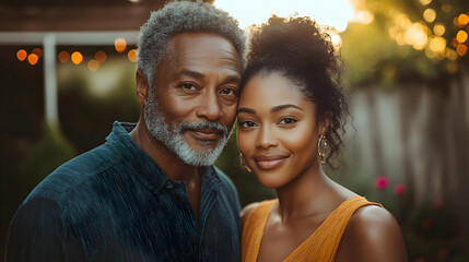 Wall Mural - A father and his daughter stand close, smiling at the camera with affection and warmth.