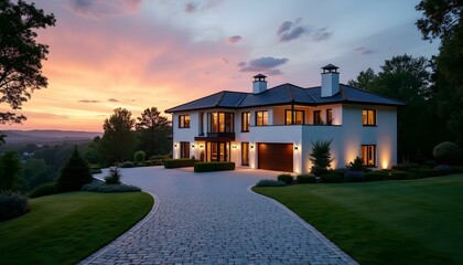 At Evening dusk sunset, cobblestone in  driveway lush green grass lawn meadow with beautiful landscape, a luxury house and garage building modern architecture. Concept of real estate property