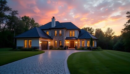 At Evening dusk sunset, cobblestone in  driveway lush green grass lawn meadow with beautiful landscape, a luxury house and garage building modern architecture. Concept of real estate property