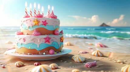 Wall Mural - A white cake with four candles on top is sitting on a plate on a beach