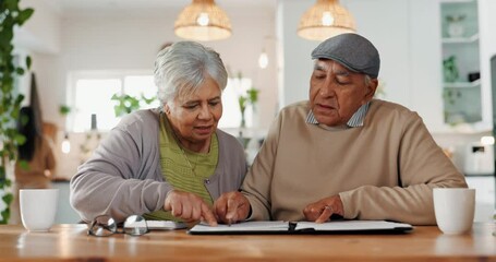 Poster - Home, review and elderly couple with documents in discussion for financial plan, insurance and bills. Calculator, retirement and senior people with paper for healthcare debt, invoice and budgeting