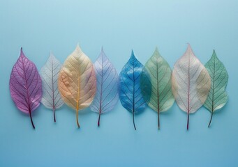 Delicate skeleton leaves in pastel colors arranged on a light blue background