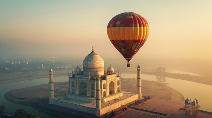 A hot air balloon drifting above the Taj Mahal