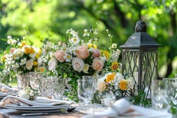 Elegant Outdoor Table Setting with Floral Centerpieces on Green Background