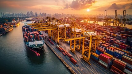 Wall Mural - Container ship docked at a port, with containers being loaded and unloaded for global import and export. Focus on efficient logistics and freight operations.