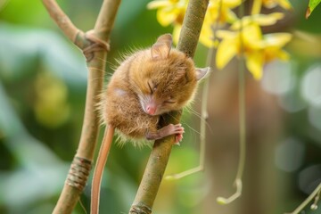 A close-up of a small animal hanging from its tail, which is also long and thin like that of an elfin mouse