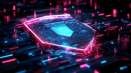 Poster - A glowing blue and pink shield shape sits on a digital circuit board.