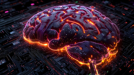 Sticker - A glowing brain sits atop a circuit board, representing artificial intelligence.