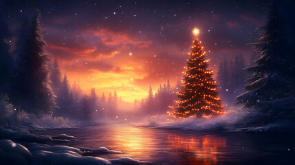 Canvas Print - A glowing Christmas tree stands tall in a snowy forest by a frozen lake, under a starry sky.