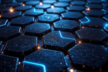 Wall Mural - Futuristic Hexagonal Pattern with Blue Neon Lights on Dark Surface