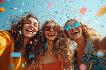 Joyful celebration of friends with colorful confetti under blue sky