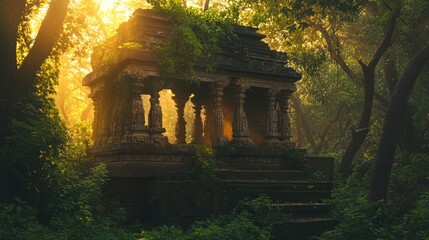 An abandoned ancient temple complex in South India, overgrown with lush greenery and illuminated by the golden hour light.