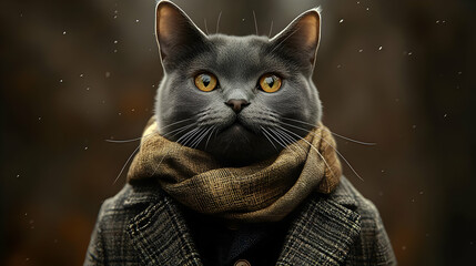 Wall Mural - A gray cat with yellow eyes wearing a brown scarf and a tweed coat.