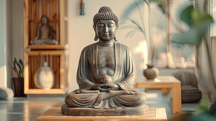 Enlightened Buddha statue background with wooden frame in meditation room. Warm golds and tranquil atmosphere, white background