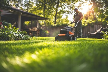 Man mowing the lawn in the backyard. The photo can be used for websites, articles or advertisements related to landscaping or gardening.