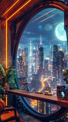 Wall Mural - Futuristic city skyline with wooden frame in high-tech office. Sleek lines and neon lights