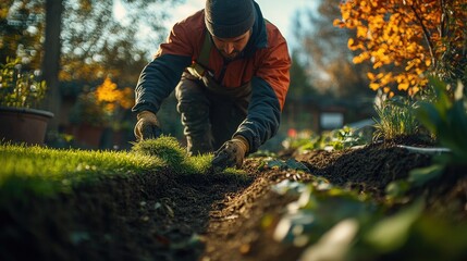 Gardener planting grass in soil. Perfect for landscaping, gardening, and nature projects.