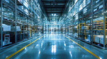 A modern warehouse with glass shelves. This image depicts a storage facility with shelves and racking to highlight the concept of logistics, distribution, and inventory.