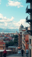 Wall Mural - A mountain with a small building on top and a cloudy sky