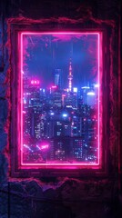 Wall Mural - Neon cityscape with sleek wooden frame in cyberpunk apartment. Vibrant lights and futuristic vibes