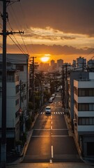 Wall Mural - sunset in japanese city landscape background